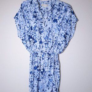 Lovestich Blue & White Floral Print Blouson Elastic Waist Tie Front Dress Sz S
